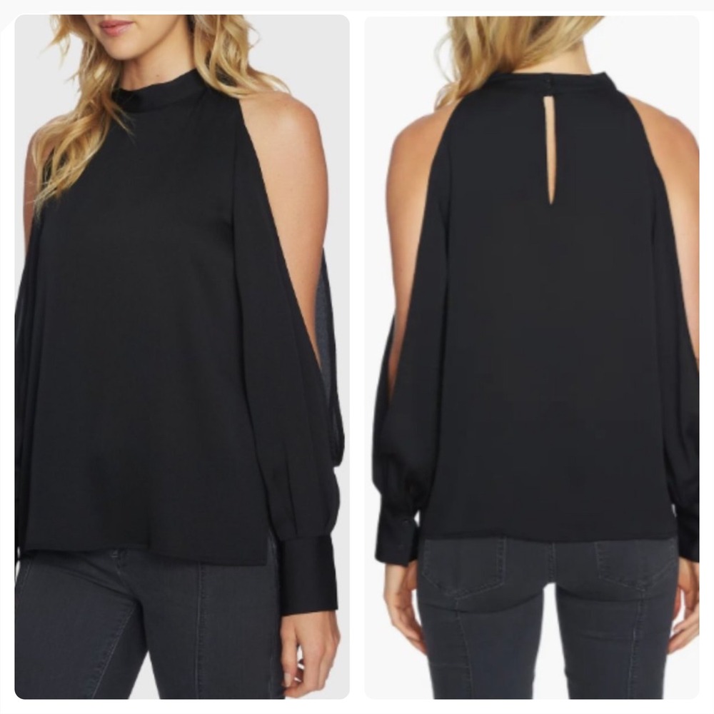 1.STATE Womens Black Cold Shoulder Split Sleeve Halter Blouse Size L